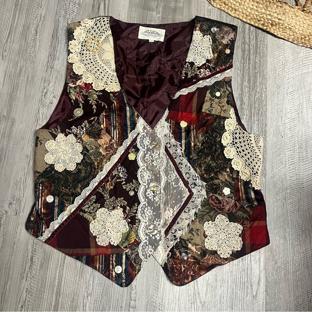 Susan Bristol Burgundy Patchwork Vest with Lace